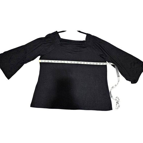 Iman Global Chic Black Top With Smocked Shoulders & Draped Neckline - Picture 9 of 9